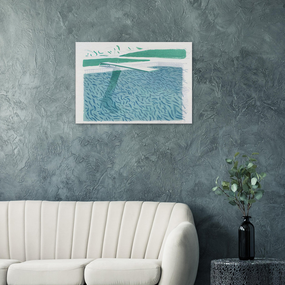 David Hockney canvas print of Lithographic Water Made Of Lines, Crayon And A Blue Wash, using crayon lines and blue washes to suggest ripples and reflections on water.