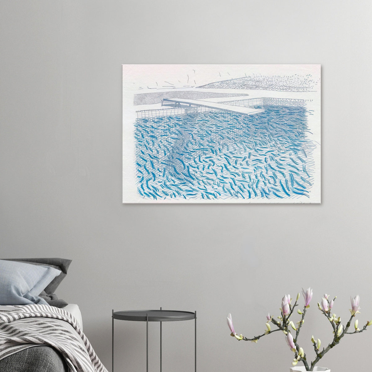 David Hockney canvas print of Lithographic Water Made Of Lines And Crayon, using layered green and blue washes to depict rippling pool water.