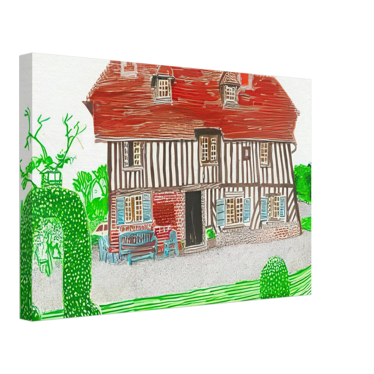 In Front Of House Looking North by David Hockney, canvas print showing Normandy country house, garden and lush greenery, 70 × 100 cm (28 × 40 in).