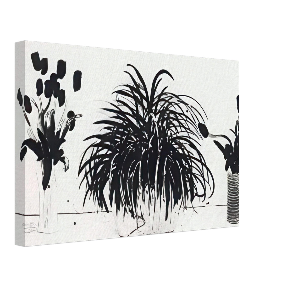 Two Vases Of Cut Flowers And A Liriope Plant by David Hockney, canvas print showing cut flowers in two vases beside a leafy liriope plant, 50 × 75 cm (20 × 30 in).