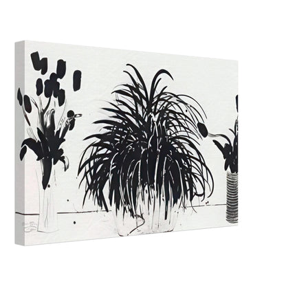 Two Vases Of Cut Flowers And A Liriope Plant by David Hockney, canvas print showing cut flowers in two vases beside a leafy liriope plant, 50 × 75 cm (20 × 30 in).