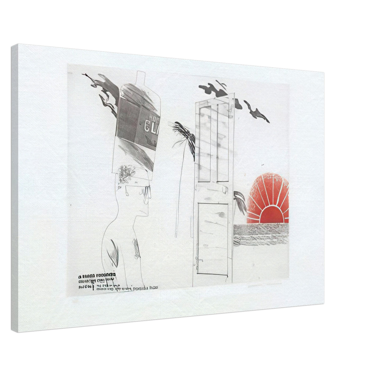 The Start Of A Spending Spree And The Door Opening For A Blonde by David Hockney, canvas print showing open doorway, symbolic objects and a red sun motif, 50 × 75 cm (20 × 30 in).