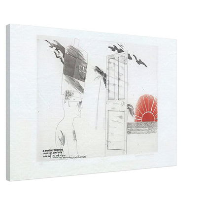 The Start Of A Spending Spree And The Door Opening For A Blonde by David Hockney, canvas print showing open doorway, symbolic objects and a red sun motif, 50 × 75 cm (20 × 30 in).