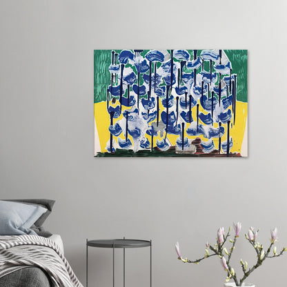 Slow Forest by David Hockney, canvas print showing abstract blue, white, green and yellow shapes with layered textures.