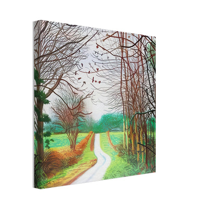 The Arrival of Spring in Woldgate, 29 December No. 1 — David Hockney canvas print of a woodland path, 40 × 40 cm (16 × 16 in).