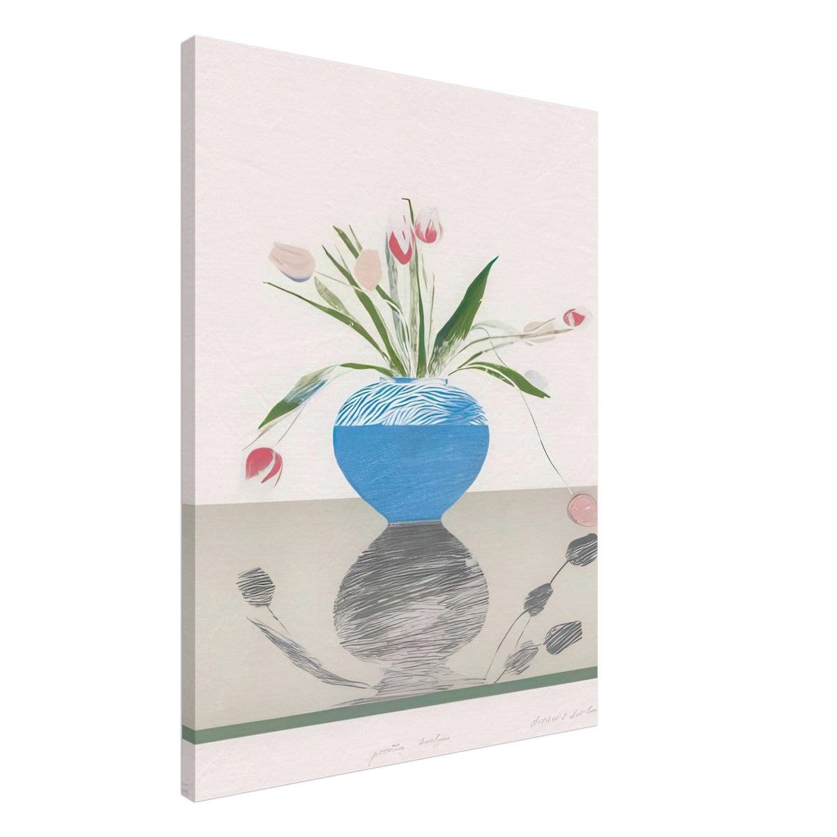 David Hockney, Pretty Tulips, pink and red tulips in a blue vase, canvas print, 50 × 70 cm (20 × 28 in)