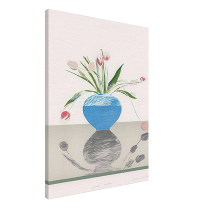 David Hockney, Pretty Tulips, pink and red tulips in a blue vase, canvas print, 50 × 70 cm (20 × 28 in)