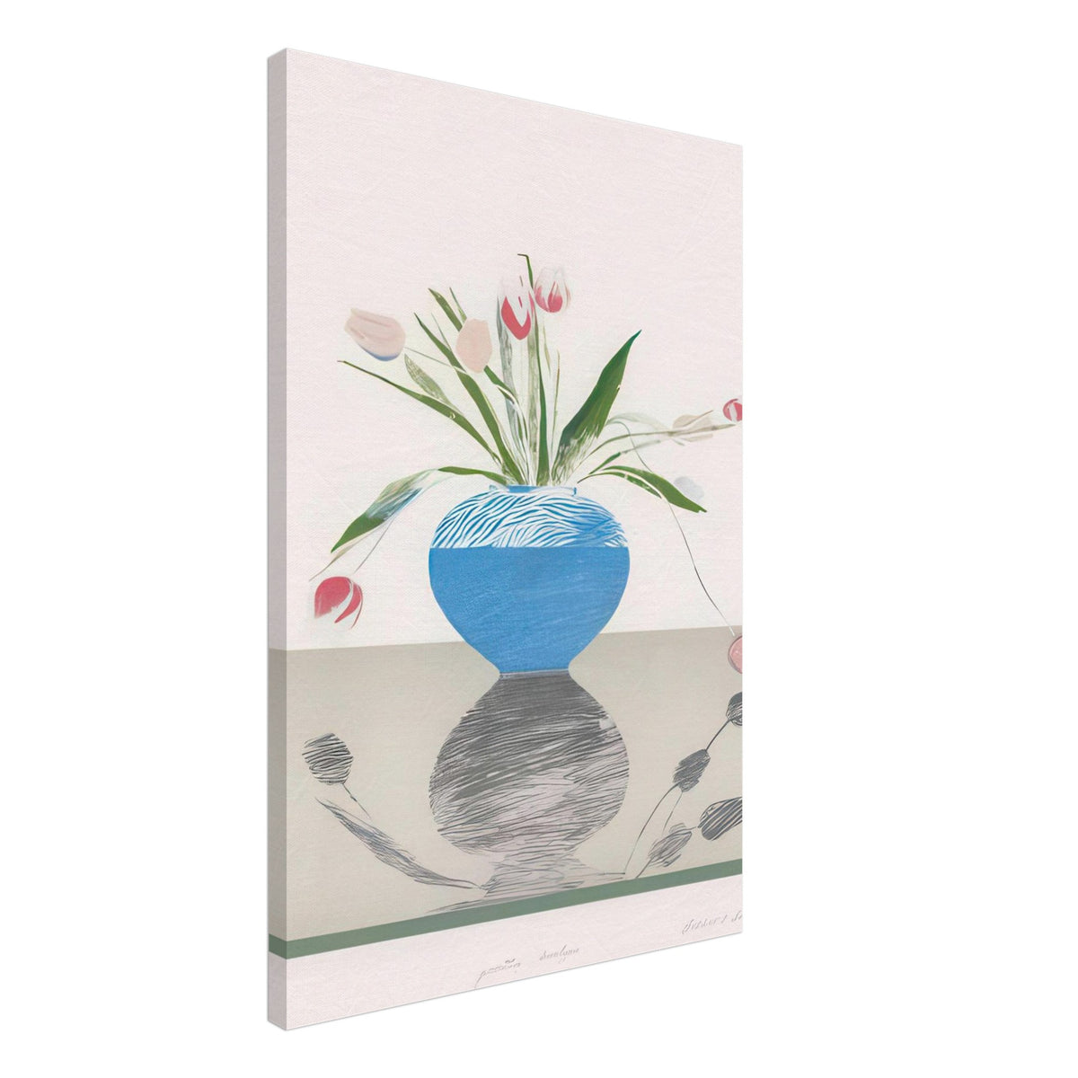 David Hockney, Pretty Tulips, pink and red tulips in a blue vase, canvas print, 50 × 75 cm (20 × 30 in)