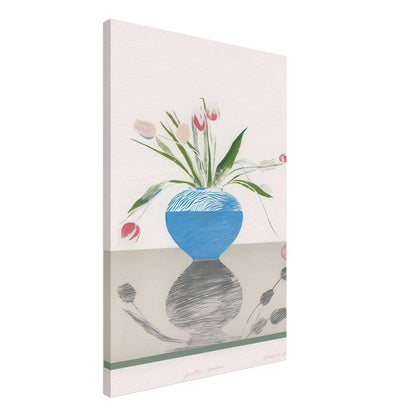 David Hockney, Pretty Tulips, pink and red tulips in a blue vase, canvas print, 50 × 75 cm (20 × 30 in)