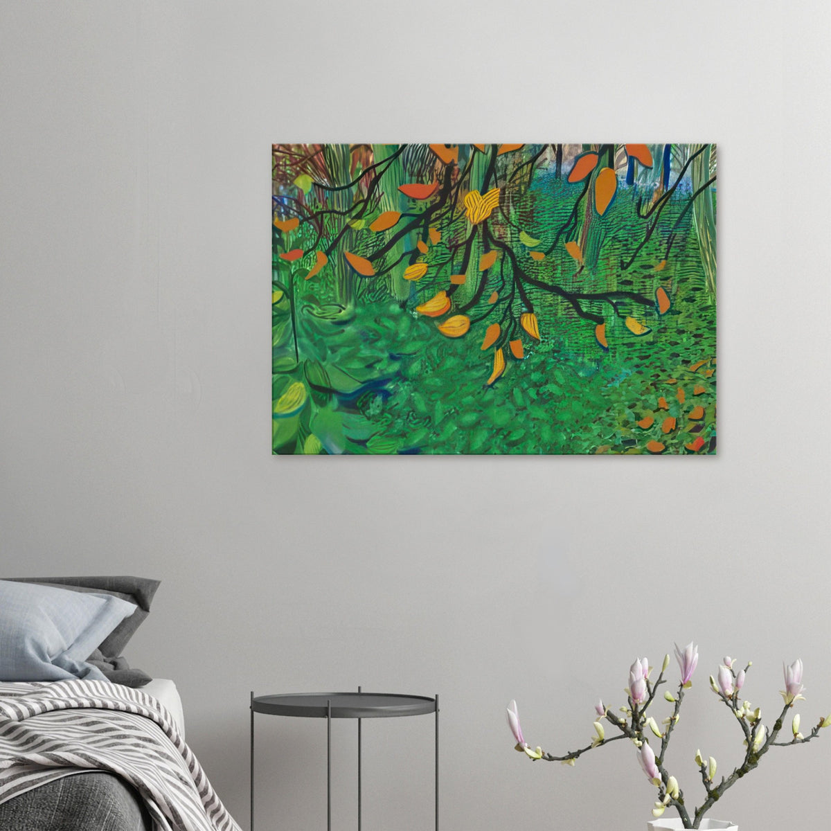 Autumn Leaves by David Hockney, canvas print showing orange and yellow autumn leaves against textured green foliage.