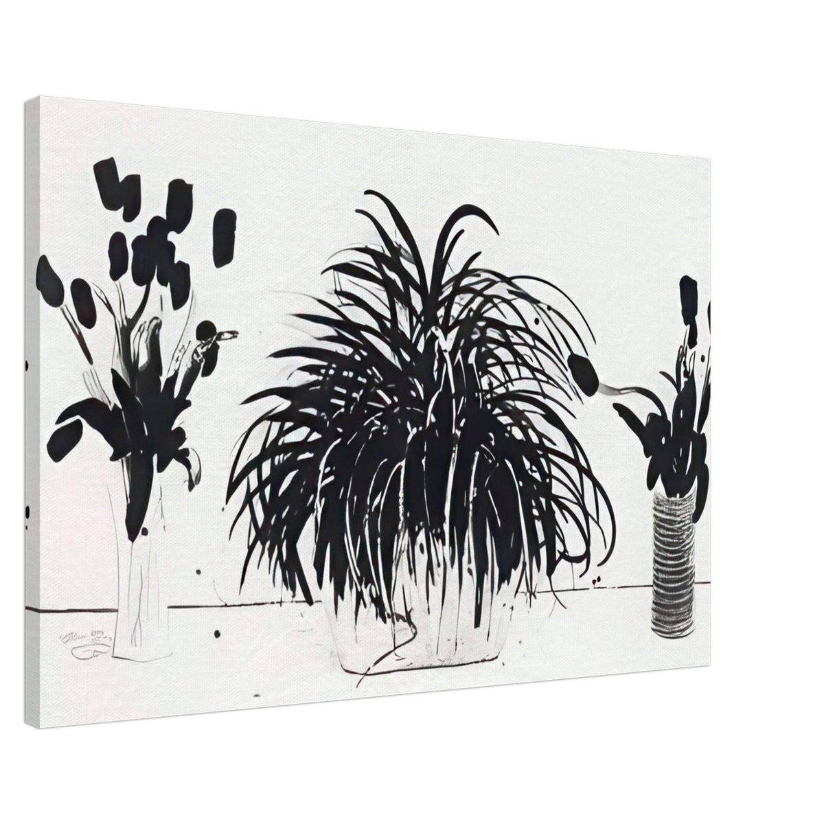 Two Vases Of Cut Flowers And A Liriope Plant by David Hockney, canvas print showing cut flowers in two vases beside a leafy liriope plant, 60 × 90 cm (24 × 36 in).
