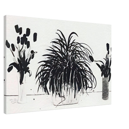 Two Vases Of Cut Flowers And A Liriope Plant by David Hockney, canvas print showing cut flowers in two vases beside a leafy liriope plant, 60 × 90 cm (24 × 36 in).