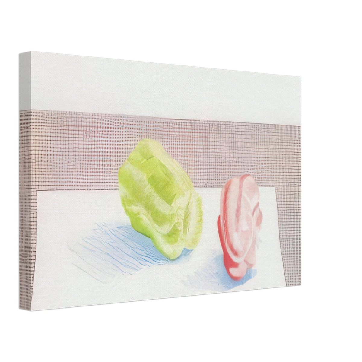 Two Peppers by David Hockney, canvas print showing red and green bell peppers against a textured background with blue shadows, 50 × 75 cm (20 × 30 in).