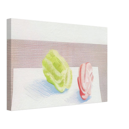 Two Peppers by David Hockney, canvas print showing red and green bell peppers against a textured background with blue shadows, 50 × 75 cm (20 × 30 in).