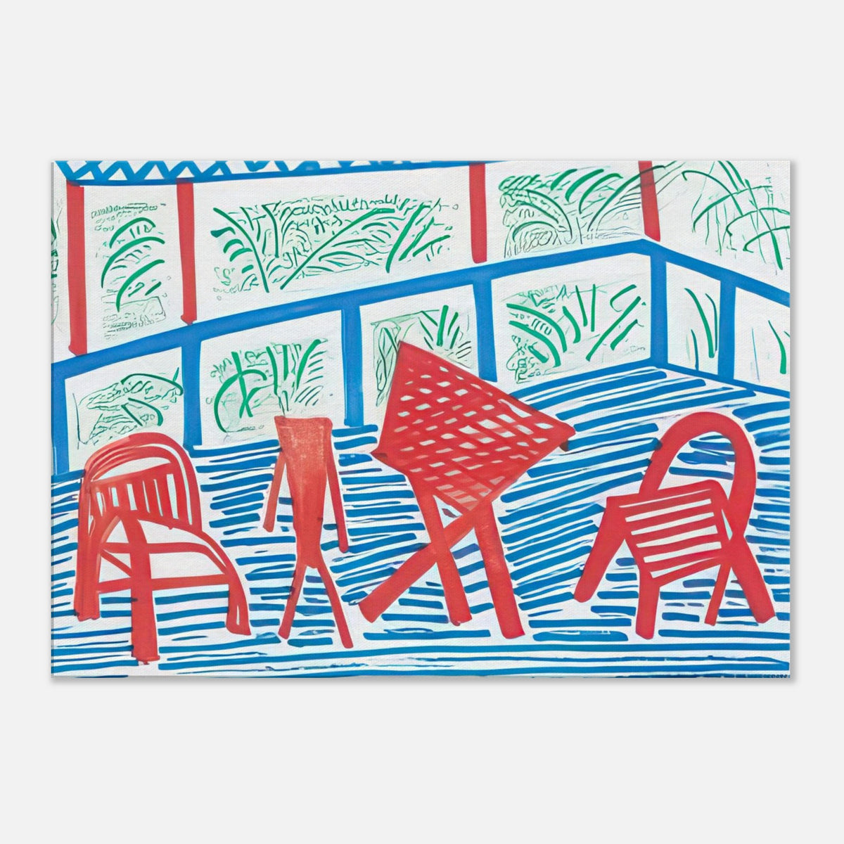 Two Red Chairs And Table by David Hockney, canvas print showing two red chairs and a table against blue-striped flooring and green foliage.