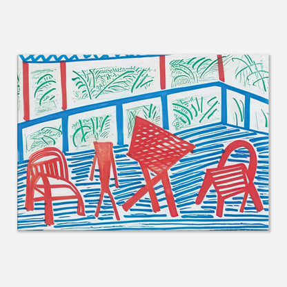 Two Red Chairs And Table by David Hockney, canvas print showing two red chairs and a table against blue-striped flooring and green foliage.