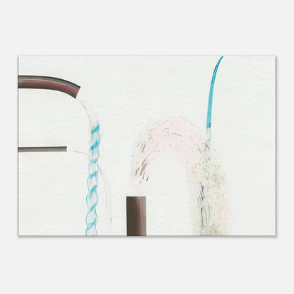 Water Pouring Into Swimming Pool, Santa Monica by David Hockney, canvas print showing water flowing from curved outlets, drawn with expressive blue lines.