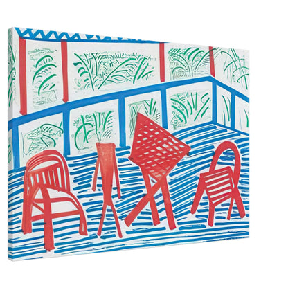 Two Red Chairs And Table by David Hockney, canvas print showing two red chairs and a table against blue-striped flooring and green foliage, 30 × 45 cm (12 × 18 in).