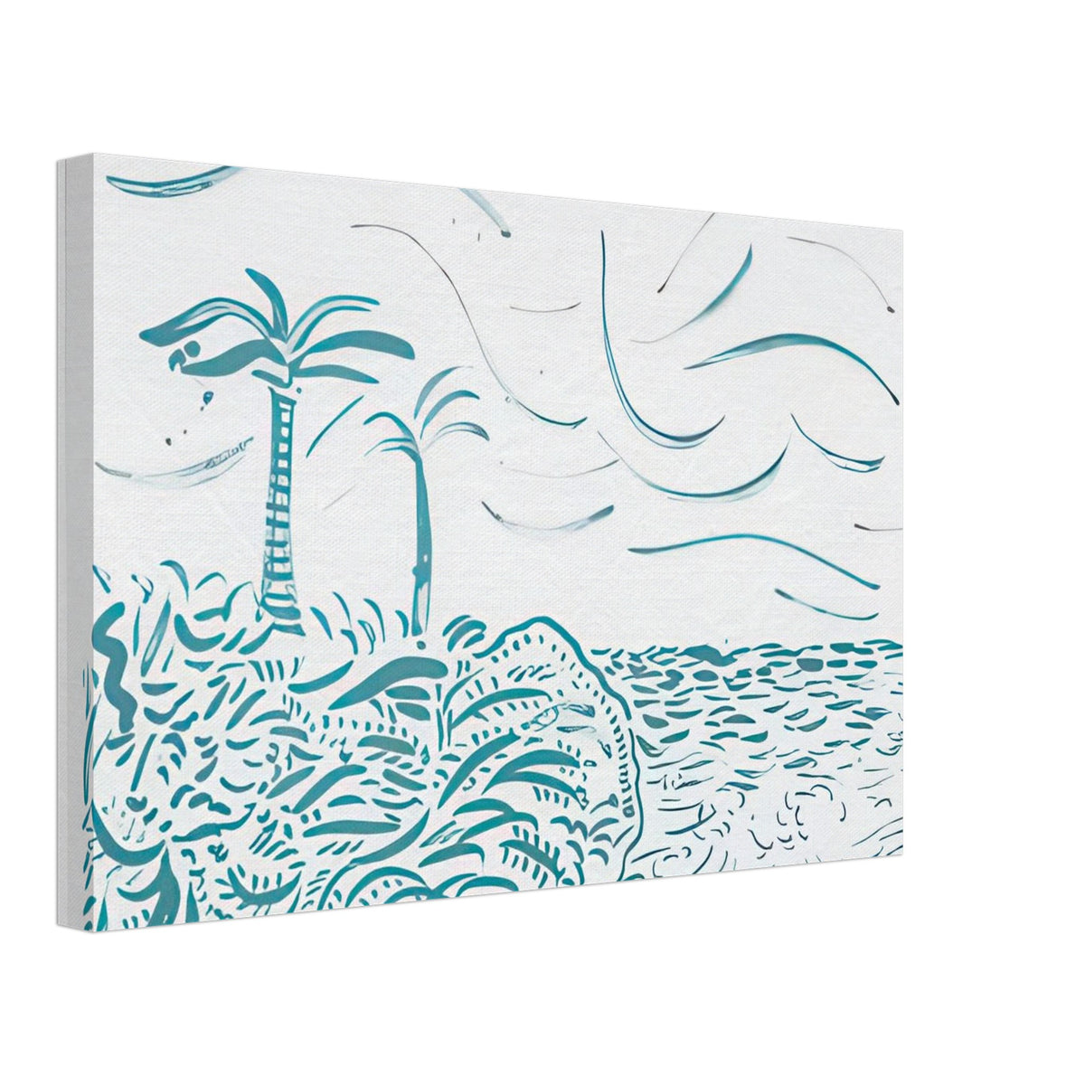 David Hockney canvas print of In Front Of House Looking West, composed of flowing turquoise lines suggesting water and shoreline, size 70 × 100 cm (28 × 40 in).
