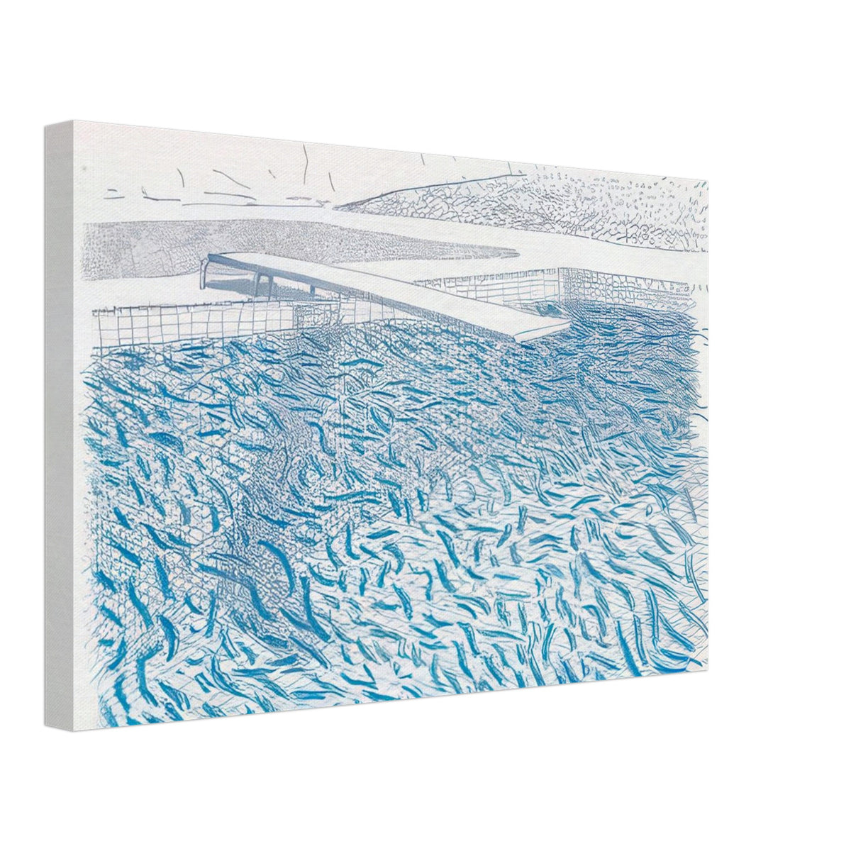 David Hockney canvas print of Lithographic Water Made Of Lines And Crayon, using layered green and blue washes to depict rippling pool water, size 50 × 75 cm (20 × 30 in).