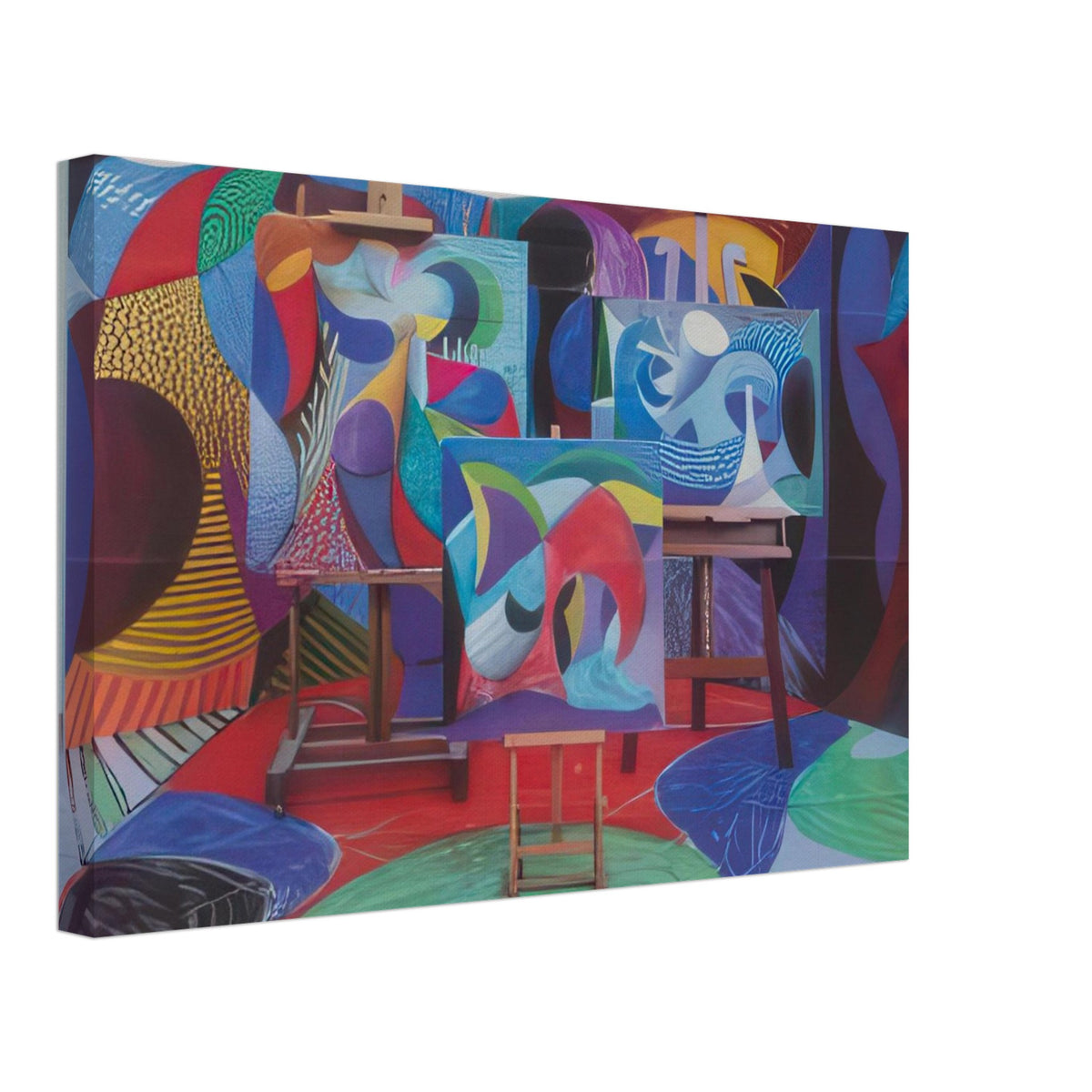 David Hockney canvas print of Painted Environment II, depicting three canvases on easels within a patterned interior, size 60 × 90 cm (24 × 36 in).
