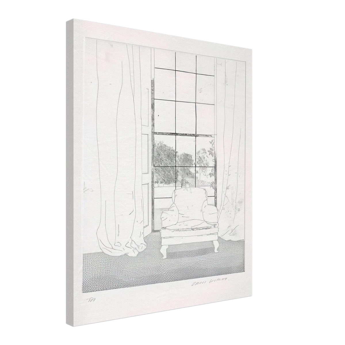 David Hockney, Home, armchair beside a curtained window overlooking a garden, canvas print, 45 × 60 cm (18 × 24 in)
