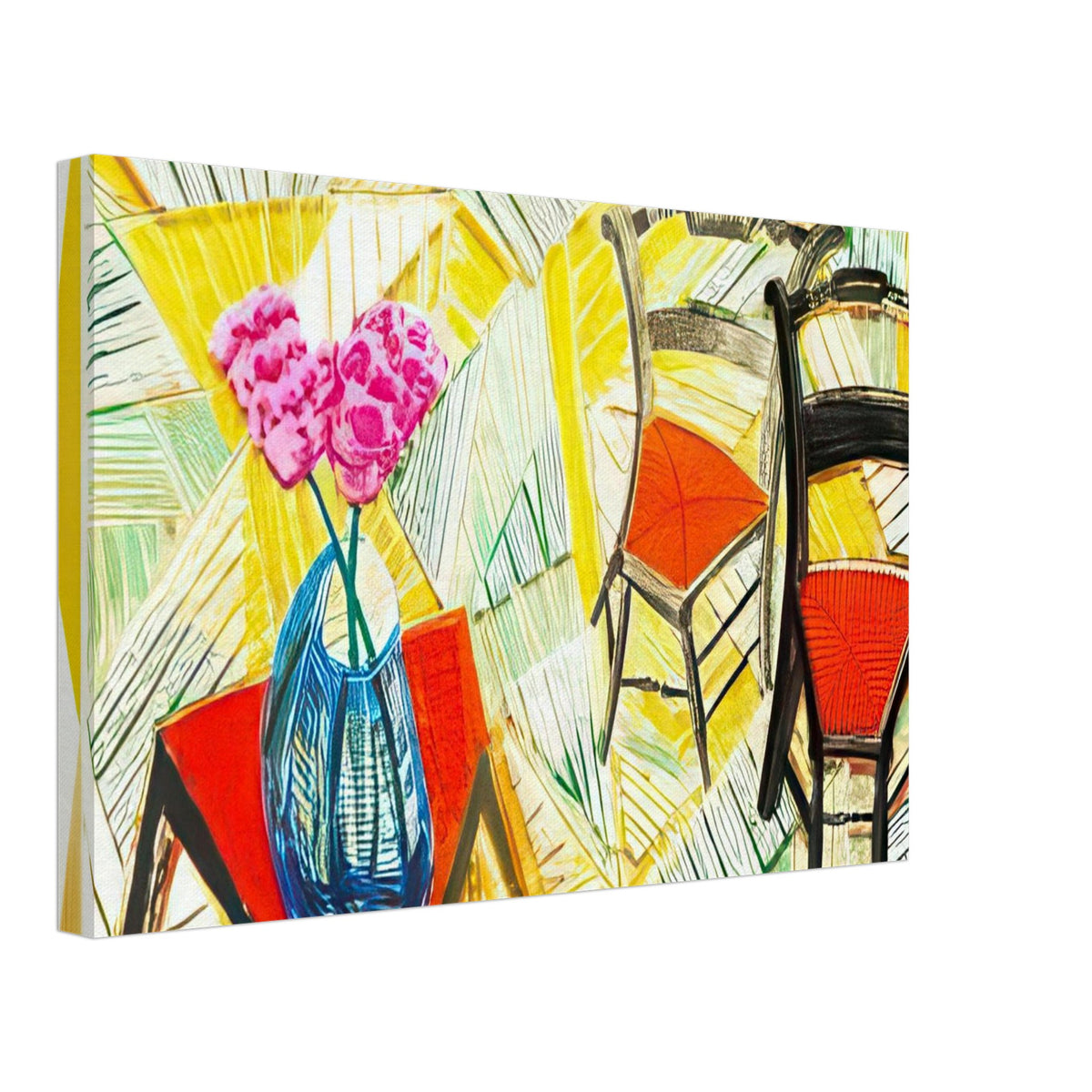 Walking Past Two Chairs by David Hockney, canvas print showing two wooden chairs at contrasting angles with bold red seats, 50 × 75 cm (20 × 30 in).