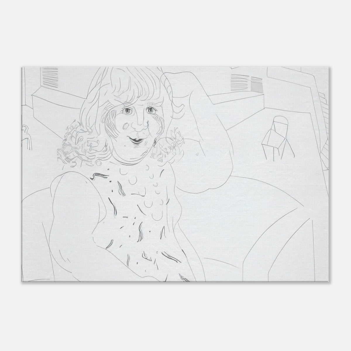 David Hockney canvas print of Ann In The Studio, showing an artist's workspace, an unfinished canvas and a garden view through a door.