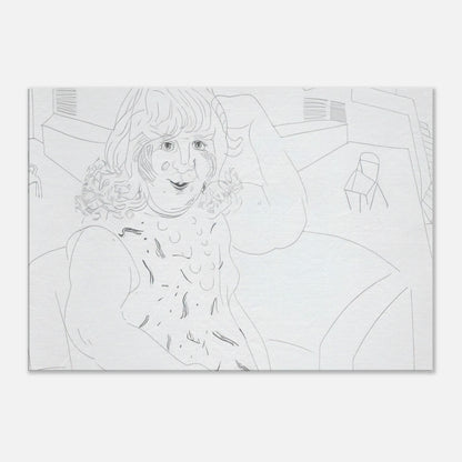 David Hockney canvas print of Ann In The Studio, showing an artist's workspace, an unfinished canvas and a garden view through a door.