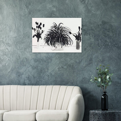 Two Vases Of Cut Flowers And A Liriope Plant by David Hockney, canvas print showing cut flowers in two vases beside a leafy liriope plant.