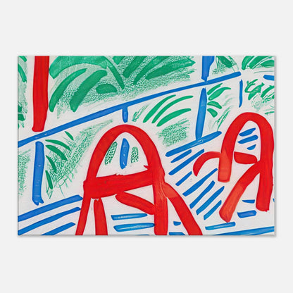 Two Red Chairs by David Hockney, canvas print showing two red chairs against green foliage and blue lines.