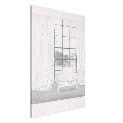 David Hockney, Home, armchair beside a curtained window overlooking a garden, canvas print, 50 × 50 cm (20 × 20 in)