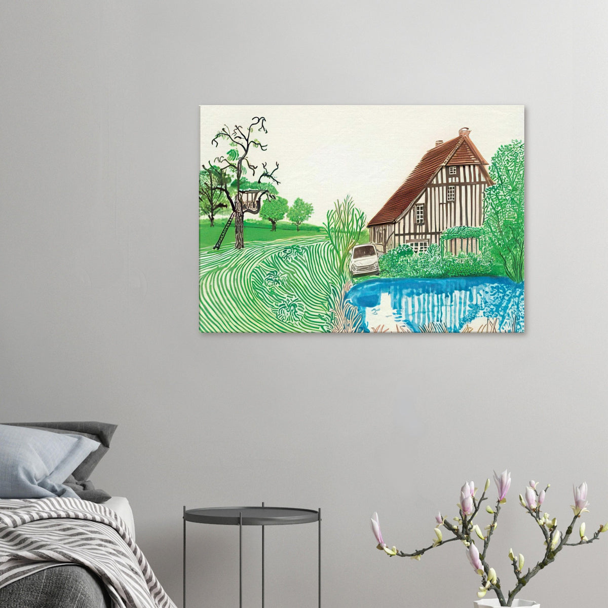 In Front Of House Looking East by David Hockney, canvas print showing Normandy country house, garden and lush greenery.