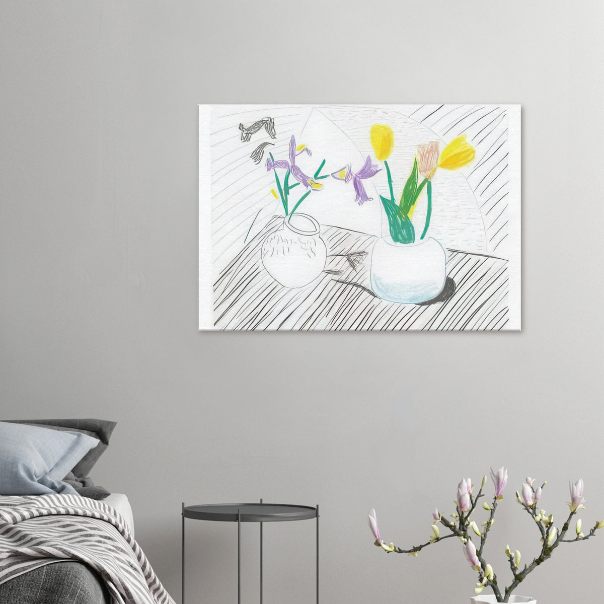 White Porcelain by David Hockney, canvas print showing two porcelain vases holding purple irises and red and yellow tulips.