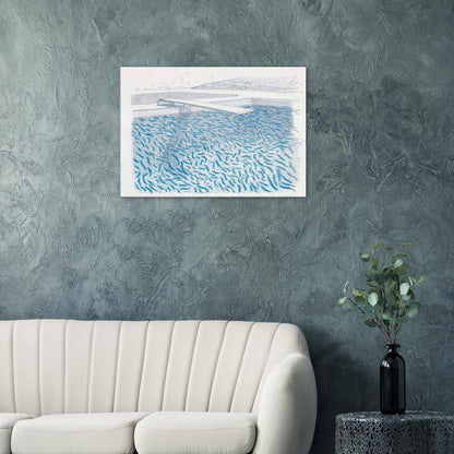 David Hockney canvas print of Lithographic Water Made Of Lines And Crayon, using layered green and blue washes to depict rippling pool water.
