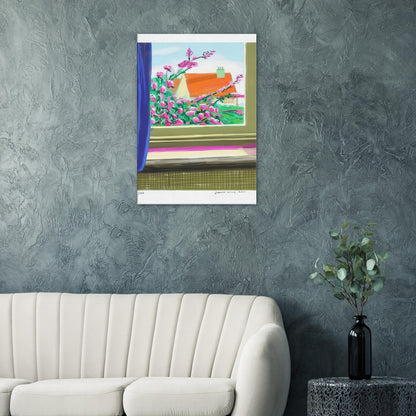David Hockney, Untitled No. 778, flowers and a red-roofed house seen through a window, canvas print