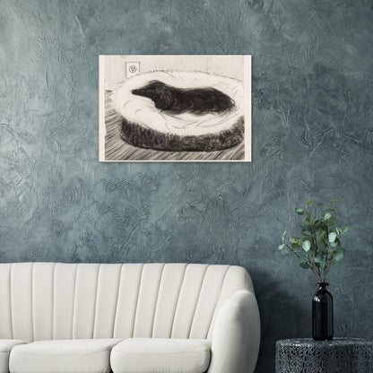Dog Etching No. 5 by David Hockney, canvas print showing dark-coated dog resting on a cushioned seat in etched black-and-white lines.