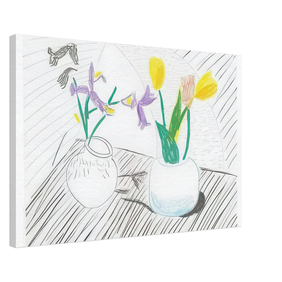 White Porcelain by David Hockney, canvas print showing two porcelain vases holding purple irises and red and yellow tulips, 60 × 90 cm (24 × 36 in).