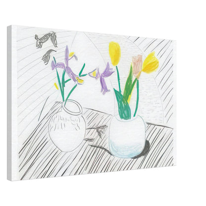 White Porcelain by David Hockney, canvas print showing two porcelain vases holding purple irises and red and yellow tulips, 60 × 90 cm (24 × 36 in).