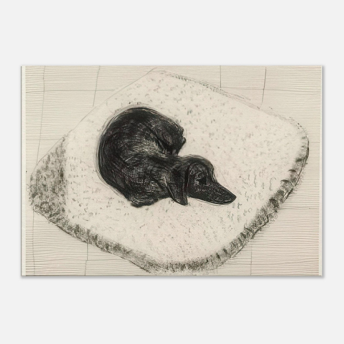 Dog Etching No. 12 by David Hockney, canvas print showing a dark-coated dog curled up on a textured cushion in etched black-and-white lines.