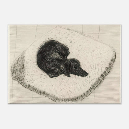 Dog Etching No. 12 by David Hockney, canvas print showing a dark-coated dog curled up on a textured cushion in etched black-and-white lines.