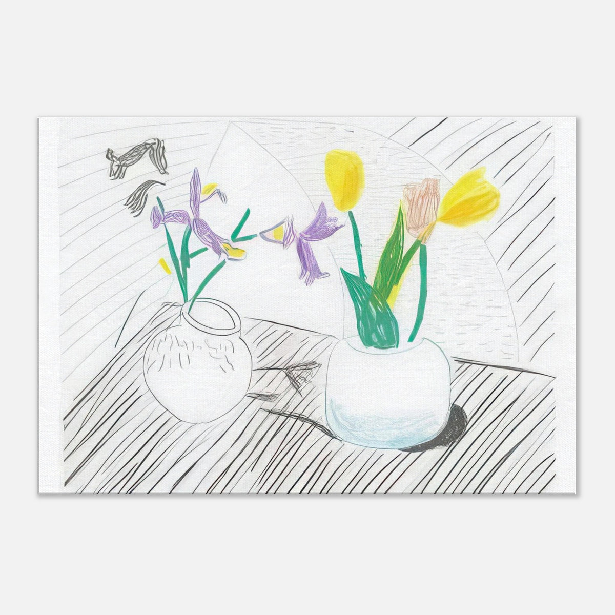 White Porcelain by David Hockney, canvas print showing two porcelain vases holding purple irises and red and yellow tulips.