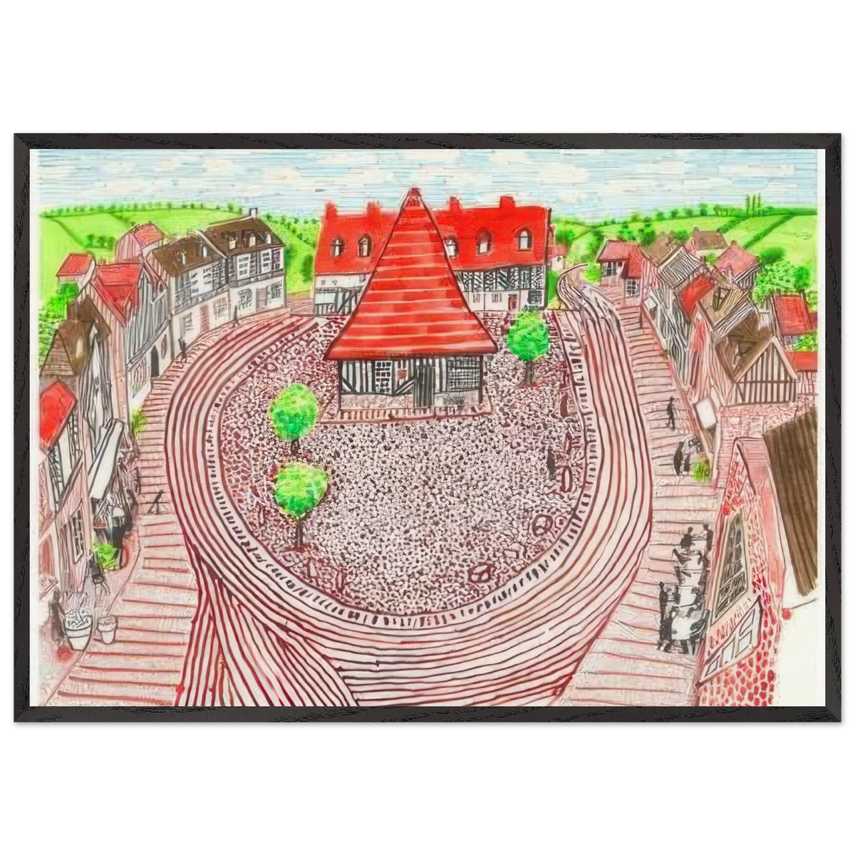 Beuvron-En-Auge Panorama by David Hockney 70x100 cm / 28x40″ inches Framed Art Print – Black Wooden Frame
