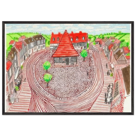 Beuvron-En-Auge Panorama by David Hockney 70x100 cm / 28x40″ inches Framed Art Print – Black Wooden Frame