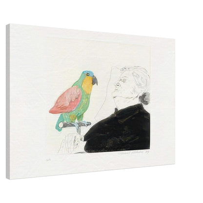 David Hockney canvas print of Felicite Sleeping, With Parrot, depicting a sleeping woman with a brightly coloured parrot perched on her hand, size 60 × 90 cm (24 × 36 in).