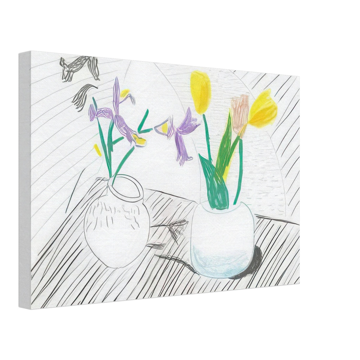 White Porcelain by David Hockney, canvas print showing two porcelain vases holding purple irises and red and yellow tulips, 70 × 100 cm (28 × 40 in).