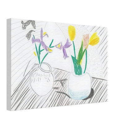 White Porcelain by David Hockney, canvas print showing two porcelain vases holding purple irises and red and yellow tulips, 70 × 100 cm (28 × 40 in).