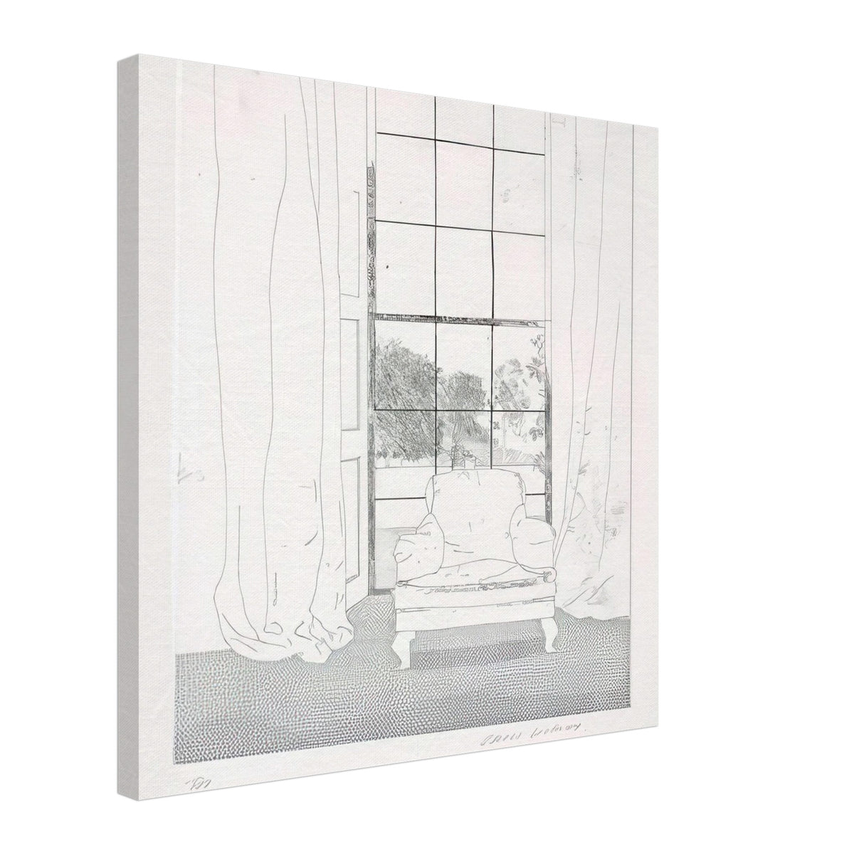 David Hockney, Home, armchair beside a curtained window overlooking a garden, canvas print, 50 × 70 cm (20 × 28 in)