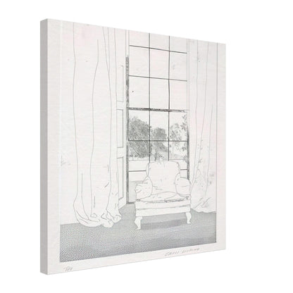 David Hockney, Home, armchair beside a curtained window overlooking a garden, canvas print, 50 × 70 cm (20 × 28 in)