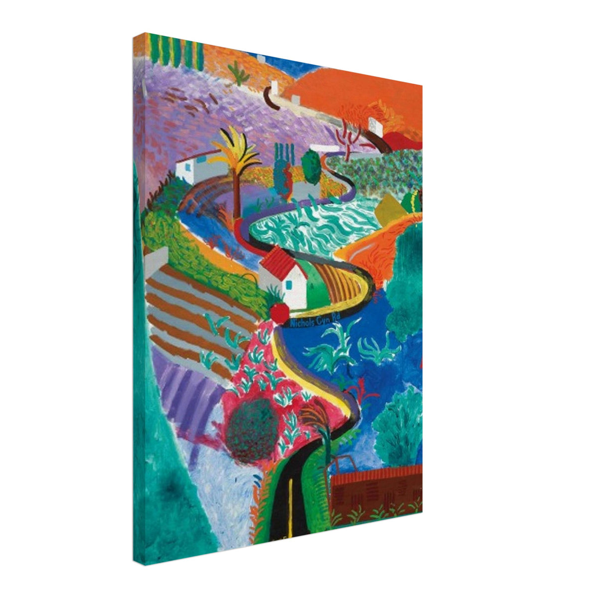 David Hockney, Nichols Canyon, colourful California landscape with a winding road, canvas print, 50 × 50 cm (20 × 20 in)